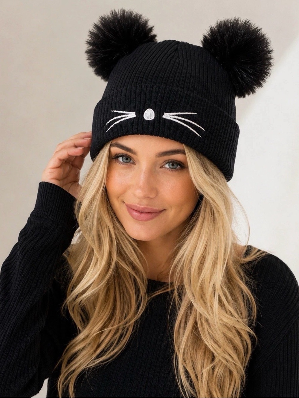 Black Cat Beanie Double Pom Pom Whiskers Knit Winter Hat